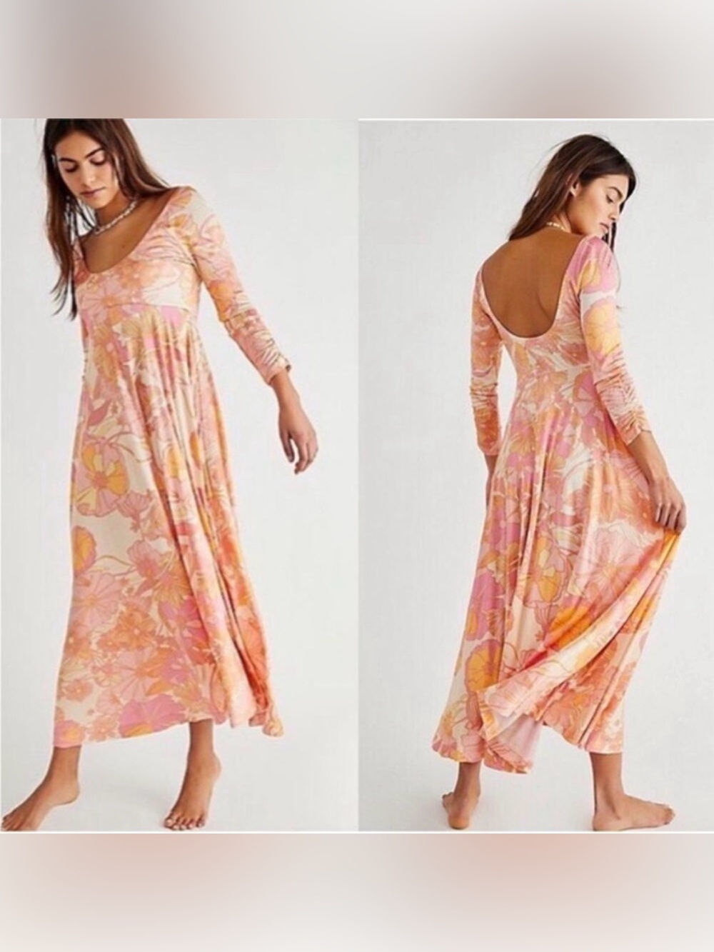 Free People First Date Pink & Orange Floral Scoop-Back Maxi Dress Size M